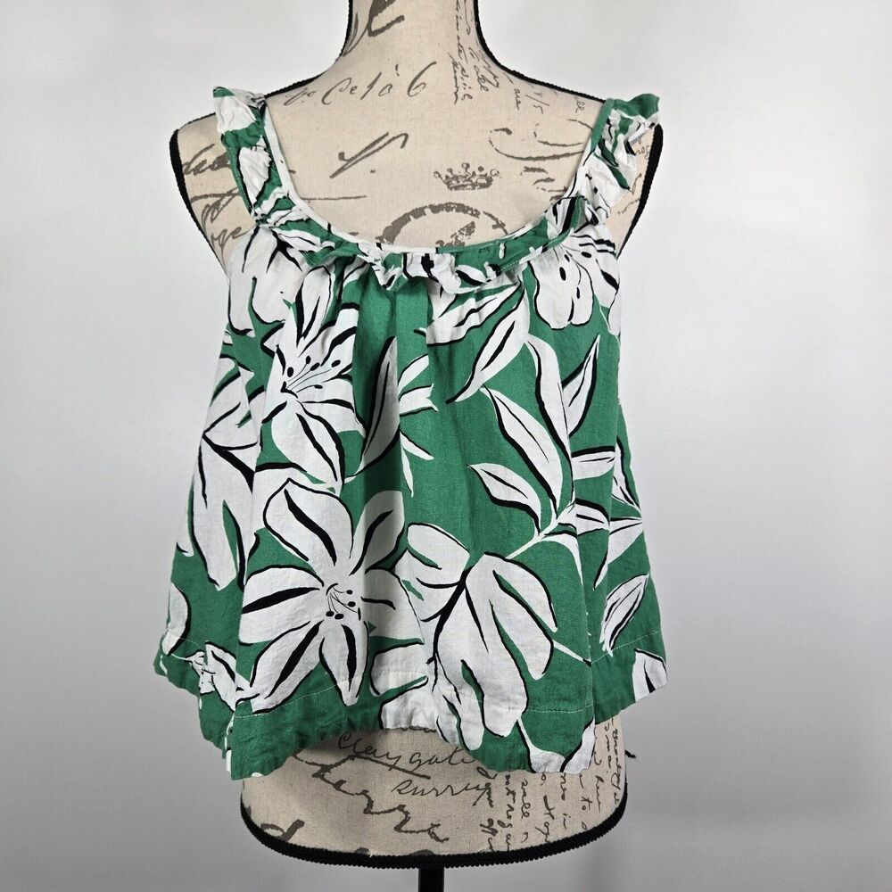 Every Women's Size Medium Green White Linen‎ Blend Crop Top Tank Ruffles